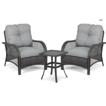 Outdoor Table and Chairs with Cushion, Wicker Conversation Bistro Set Balcony Furniture for Porch