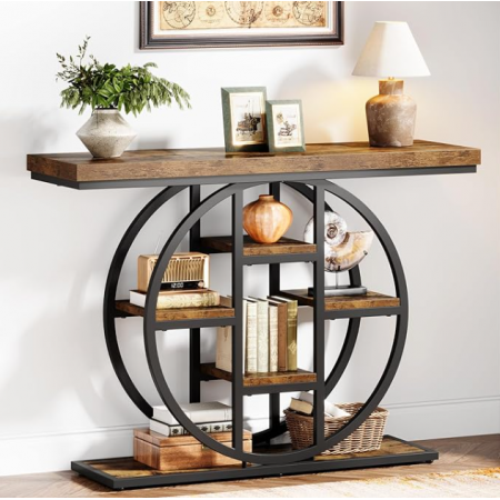 4-Tier Entryway Table with Circle Base, Industrial Narrow Wood Sofa Accent Tables