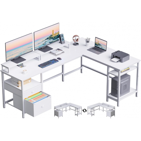 Reversible Corner Computer Desk with File Drawer & Dual Monitor Stand