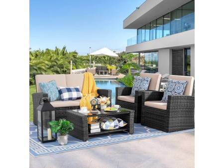 Shintenchi 4-Piece Outdoor Patio Furniture Set, Wicker Rattan Sectional Sofa Couch with Glass Coffee Table | Black