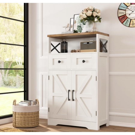Farmhouse White Storage Cabinet with Doors and Drawers
